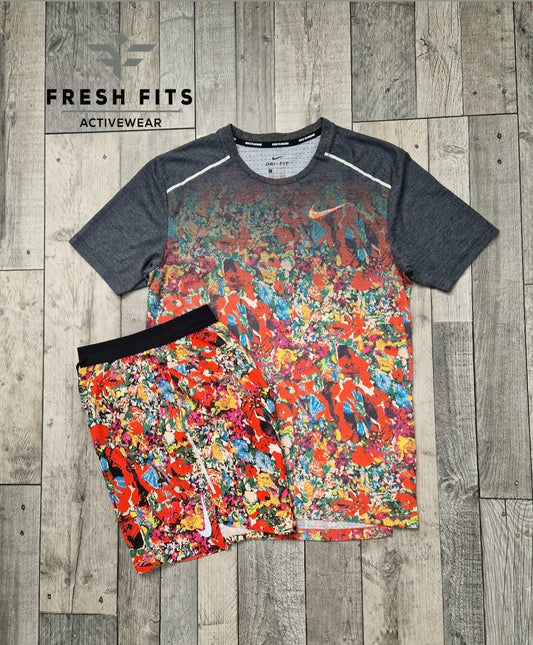 RARE NIKE MILER 1.0 & SHORTS FLORAL SET -CORAL RED