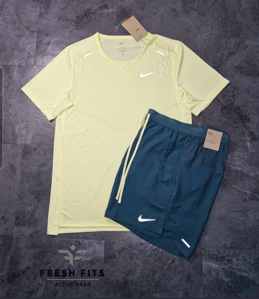 NIKE RISE 365 TSHIRT & STRIDE SHORT SETS (LEMON/JUNGLE GREEN)